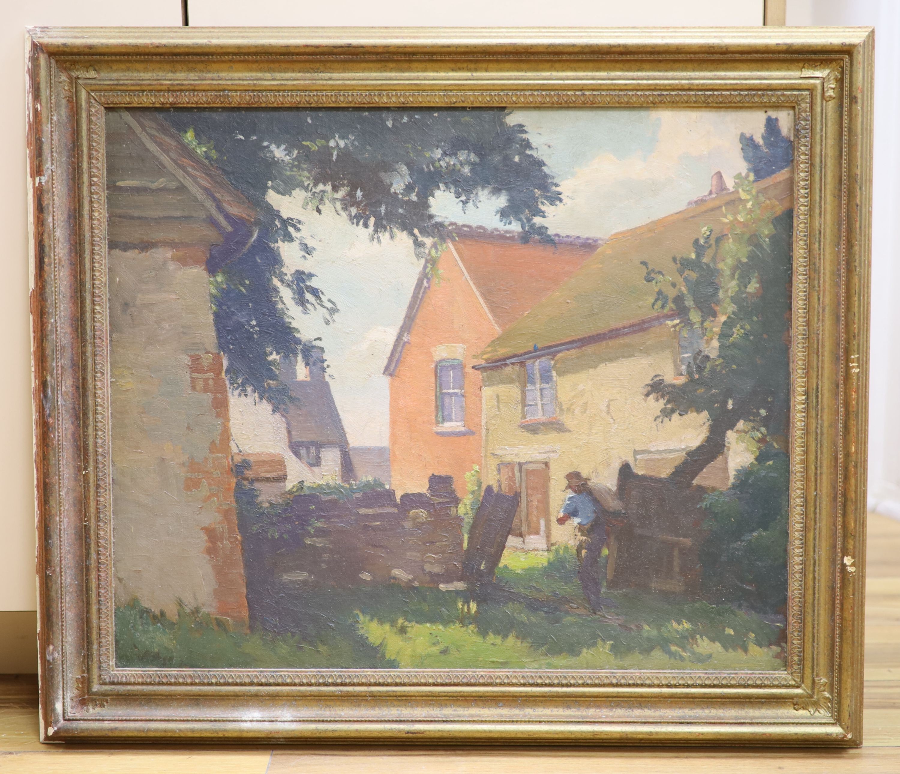 English school circa 1920, oil on board, man carrying a sack beside a house, 50 x 60 cm.